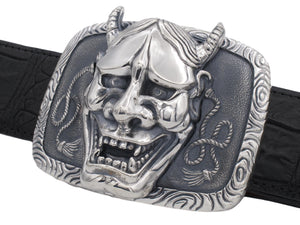Angled view of the Hanya Mask Trophy Buckle on a black alligator 1.5" strap