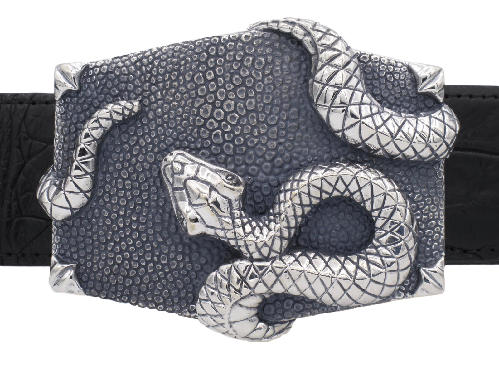 Front view of the Sterling Snake Wrapped Trophy buckle on a 1.5" strap.