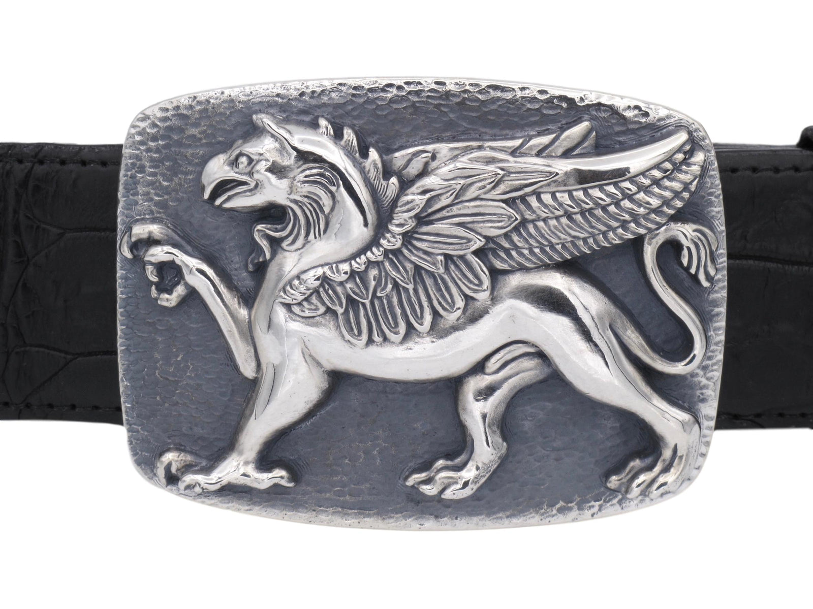 Front on view of the Sterling Griffin Trophy buckle on a 1.5" black strap.