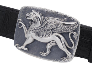 An angled front view of the Sterlin Griffin trophy buckle on a black alligator strap.