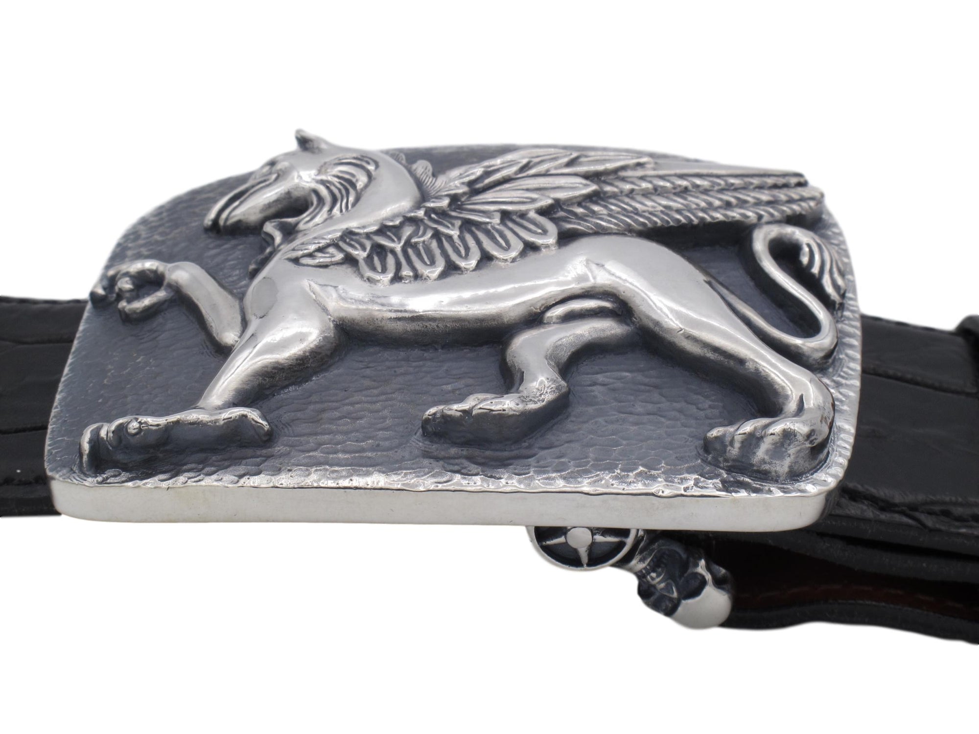 Front on view of the Sterling Griffin Trophy buckle on a 1.5" black strap.