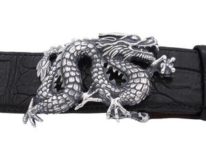 Front view of the Freestanding Dragon buckle on a 1.5" black Alligator strap.