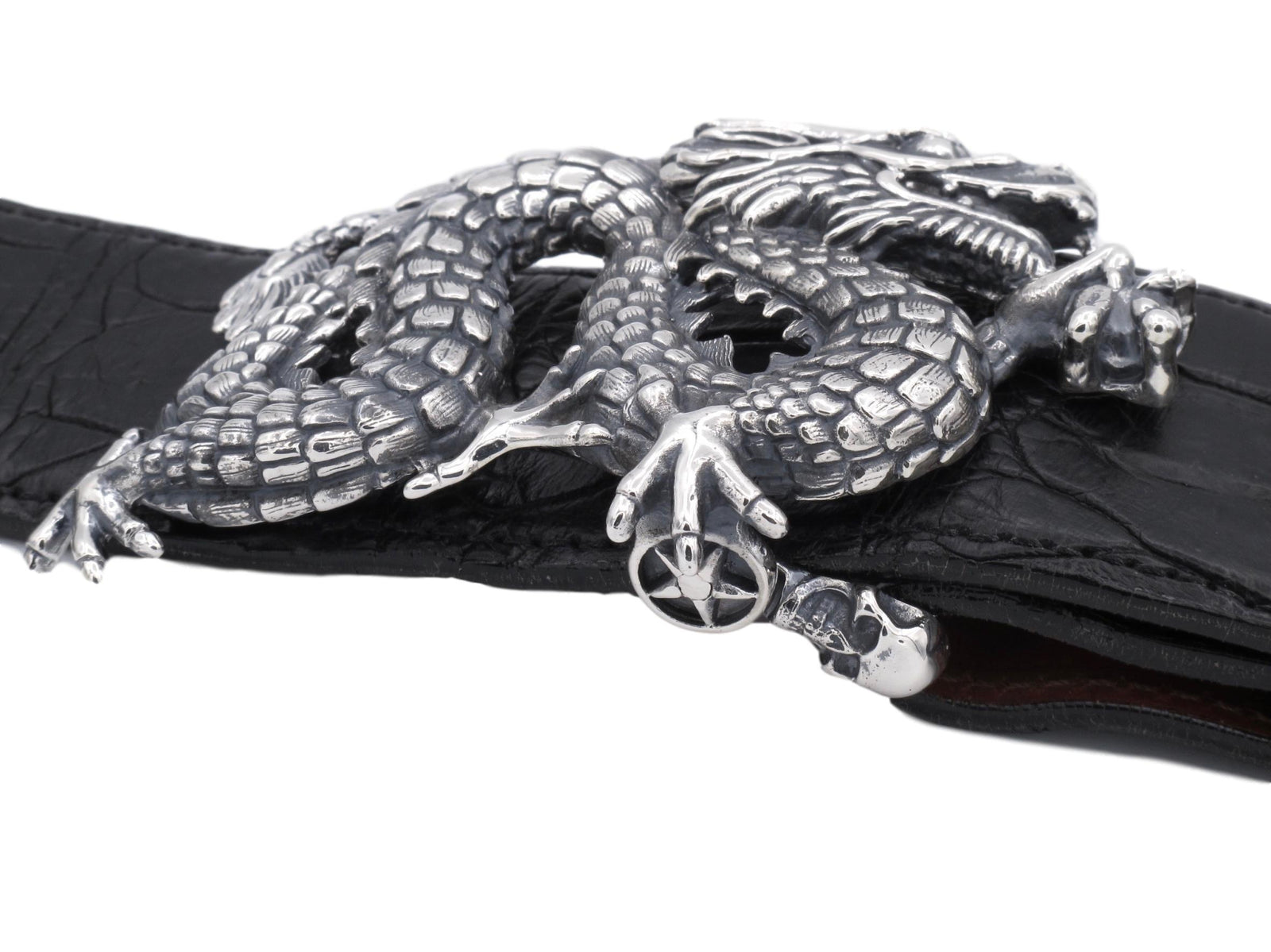 Front view of the Freestanding Dragon buckle on a 1.5" black Alligator strap.