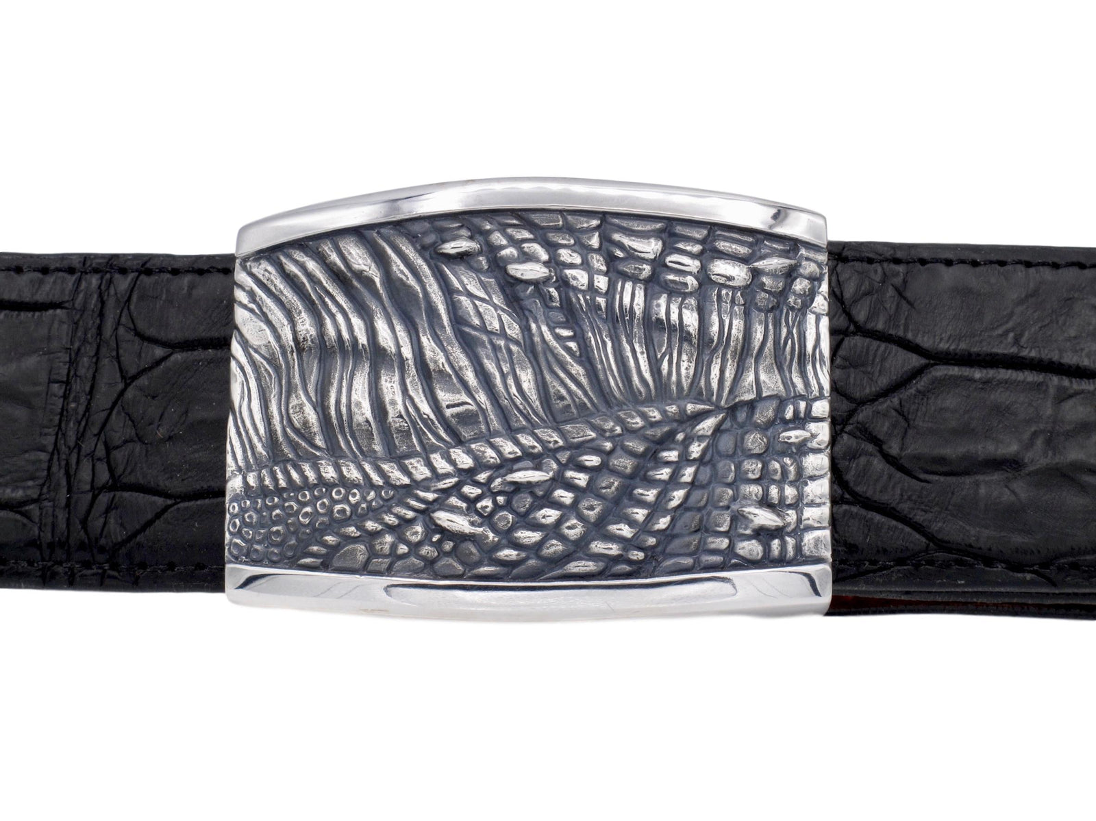Front on view of the Sterling T Rex Skin Plaque buckle for 1.5" strap. Shown on black alligator strap.