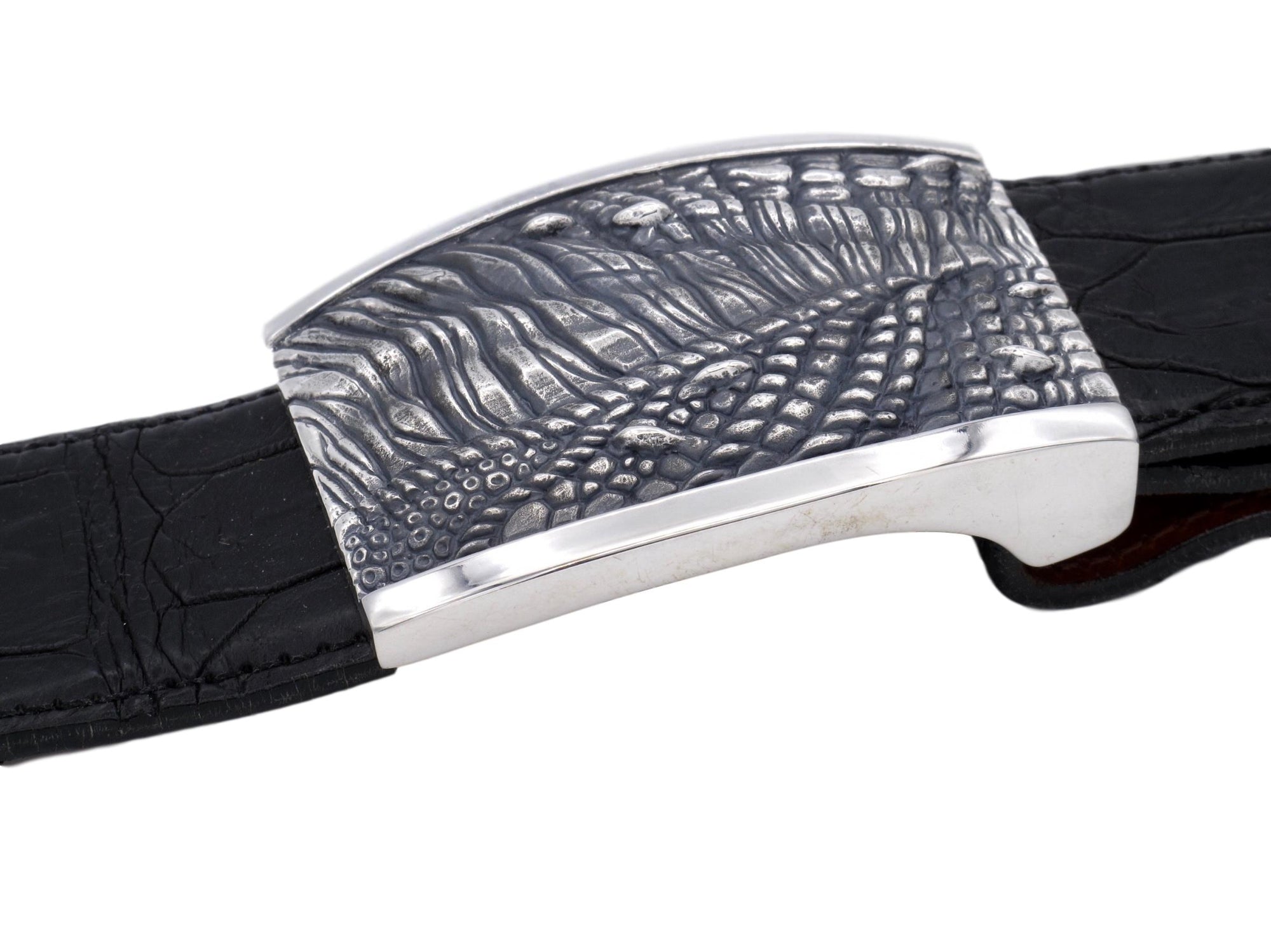 Front on view of the Sterling T Rex Skin Plaque buckle for 1.5" strap. Shown on black alligator strap.