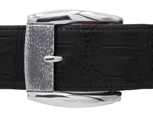 Front view of the Textured Front Dress Buckle in Sterling for 1.5" straps. Pictured on a black alligator strap.